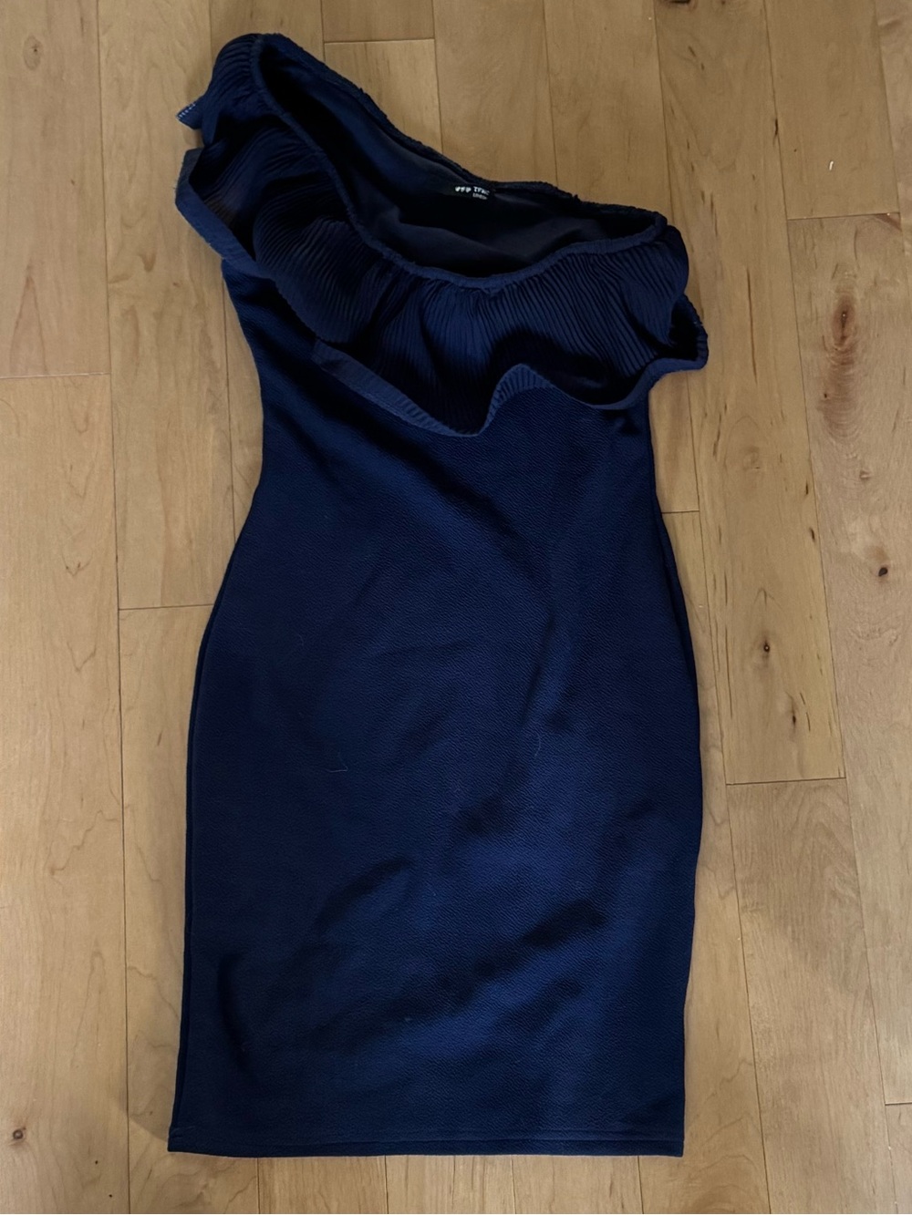 One-Shoulder Navy Ruffle Sheath Dress